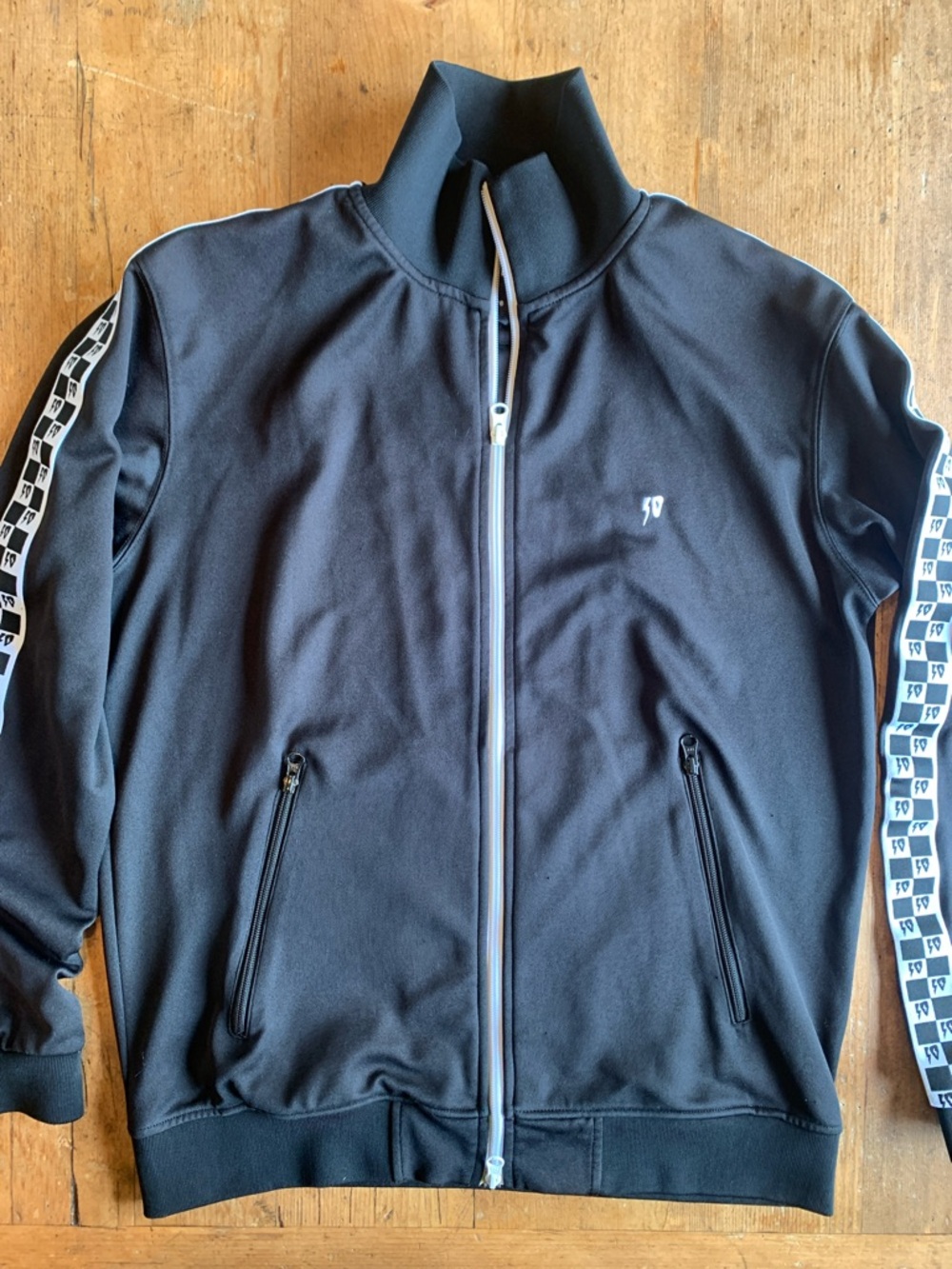 10.Deep Black Track Bomber Jacket with White Accent Tape - Picture 14 of 16